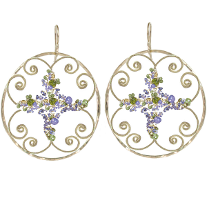 Gold Swirl Earrings with Blue Stones