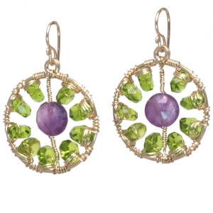 Round Amethyst and Green Drop Earrings,