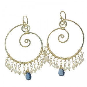 Gold Pearl Dangle Earrings with Blue Topaz
