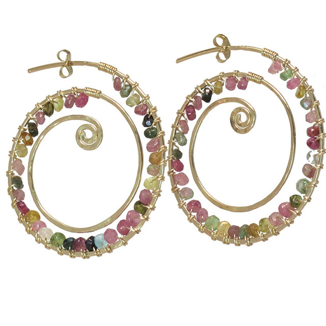 Multi Colored Gemstone Hoop Earrings, Swirled