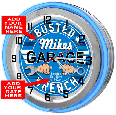 Customized Busted Wrench Double Neon Light Garage Clock