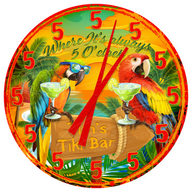 Personalized Tiki Bar Parrots Happy Hour Wall Clock