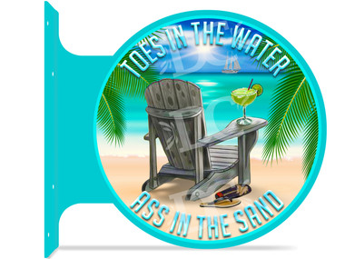Beach Bar Toes In The Water Themed double sided metal flange sign