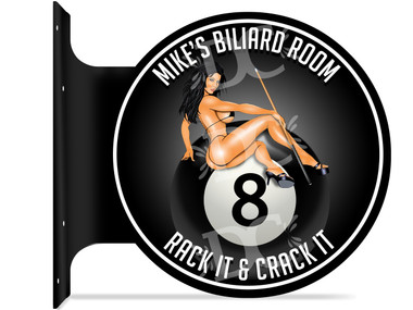 Pool Room Eight Ball Themed customized double sided metal flange sign