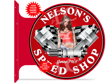 Hot Rod Speed Shop Themed customized double sided metal flange sign
