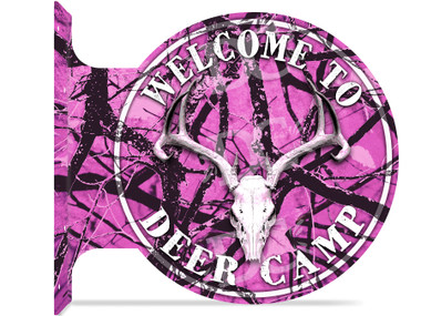 Pink Camo Deer Camp Themed double sided metal flange sign