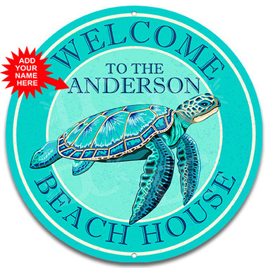 Beach House Sea Turtle Themed Teal Metal Wall Sign - Customized