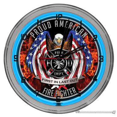 American Firefighter Light Up 16" Neon Wall Clock  Blue