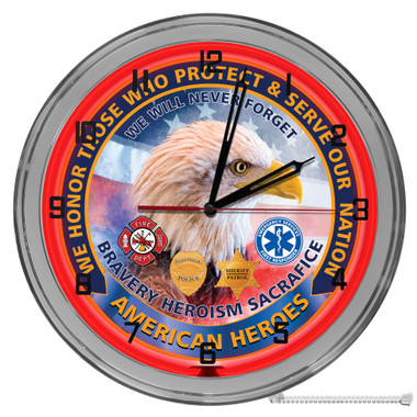 American Heroes Patriotic Light Up 16" Neon Wall Clock  Red