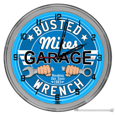 Busted Wrench Novelty Light Up 16" Blue Neon Wall Clock 