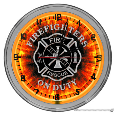 Firefighter On Duty Light Up 16"  Orange Neon Wall Clock