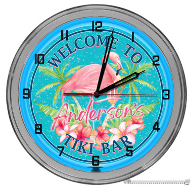 Flamingo Paradise Tiki Bar Light Up 16" Blue Neon Wall Clock 
