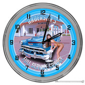 Retro Car Wash Themed Light Up 16" Blue Neon Garage Wall Clock