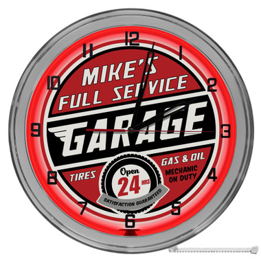 Full Service Customized Light Up 16" Red Neon Garage Wall Clock