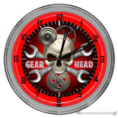 Mechanics Gear Head Light Up 16" Red Neon Garage Wall Clock