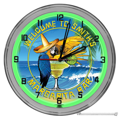 Margarita Parrot Tiki Bar Light Up 16" Green Neon Garage Wall Clock