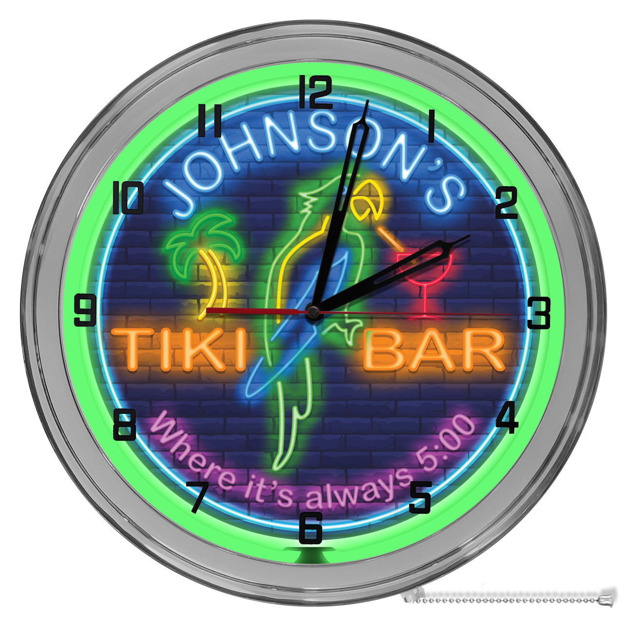 Neon Tiki Bar Themed Light Up 16" Neon Garage Wall Clock