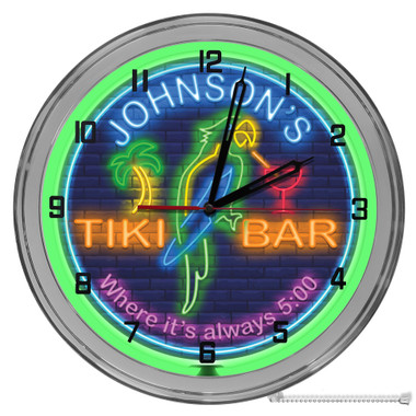 Neon Tiki Bar Themed Light Up 16" Green Neon Garage Wall Clock