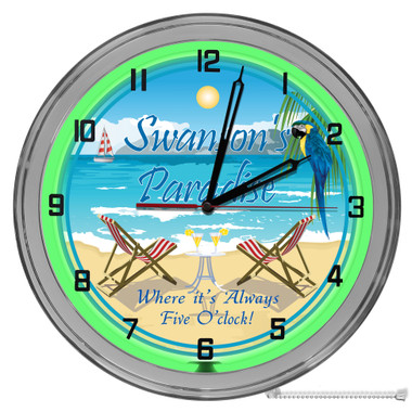 Paradise Beach Bar Always Five O'clock Light Up 16" Green Neon Garage Wall Clock