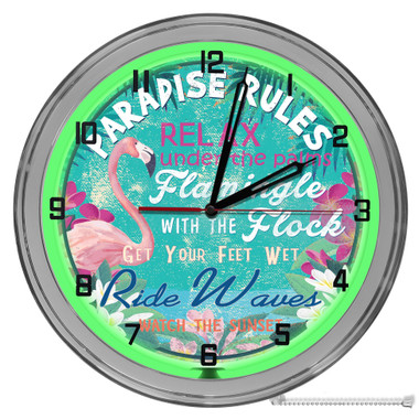 Flamingo Paradise Rules Tiki Bar Light Up 16" Green Neon Wall Clock