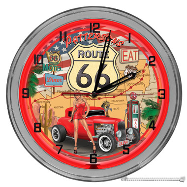 Route 66 Customized 16" Red Neon Wall Garage Clock