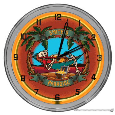 Paradise Island Skeleton Themed 16" Orange Neon Wall Garage Clock