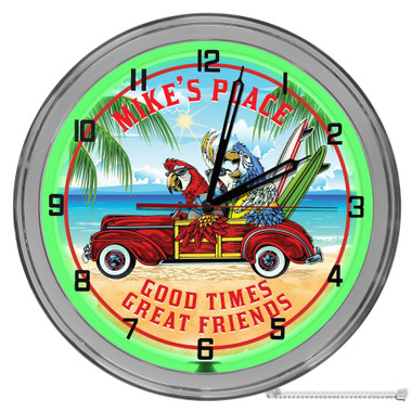 Beach Fun In Paradise 16" Green Neon Wall Garage Clock