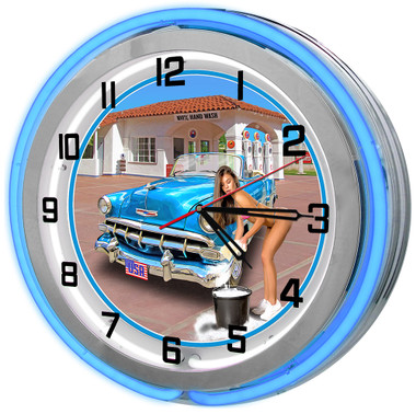Gas Station Car Wash Blue 18" Double Neon Clock