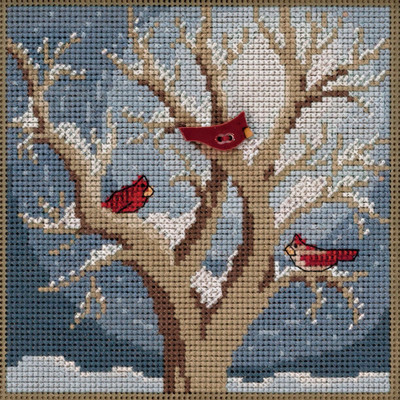 Stitched area of Frosty Morning Cross Stitch Kit Mill Hill 2020 Buttons Beads Winter MH142033