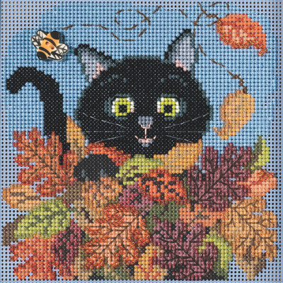 Stitched area of Playful Cat Cross Stitch Kit Mill Hill 2021 Buttons & Beads Autumn MH142122