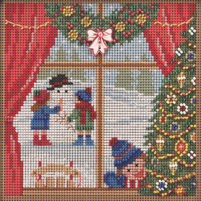 Stitched area of Christmas Break Cross Stitch Kit Mill Hill 2021 Buttons Beads Winter MH142135