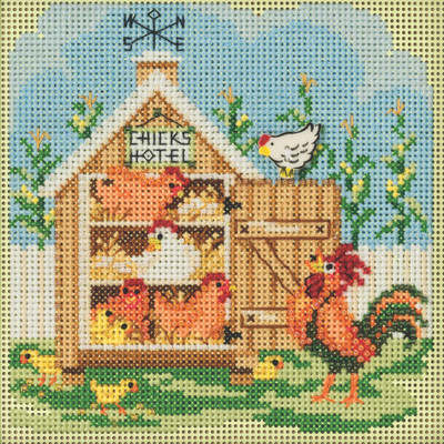 Stitched area of Chicks Hotel Cross Stitch Kit Mill Hill 2022 Buttons & Beads Spring MH142214