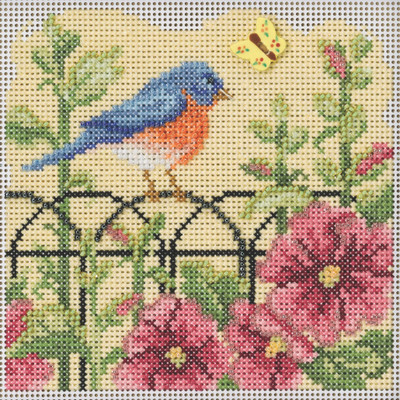 Stitched area of Spring Bluebird Cross Stitch Kit Mill Hill 2022 Buttons & Beads Spring MH142215