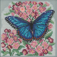Stitched area of Blue Morpho Butterfly Cross Stitch Kit Mill Hill 2022 Buttons & Beads Spring MH142216