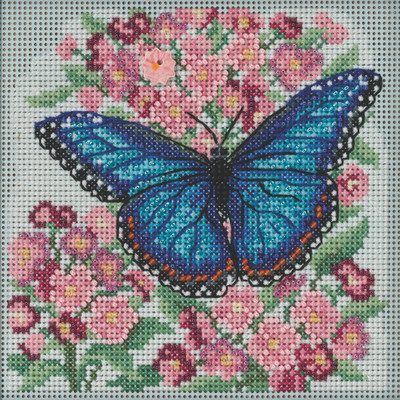 Stitched area of Blue Morpho Butterfly Cross Stitch Kit Mill Hill 2022 Buttons & Beads Spring MH142216