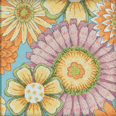 Stitched area of Floral Blue One 1 Cross Stitch Kit Mill Hill 2022 Debbie Mumm Floral Fantasy