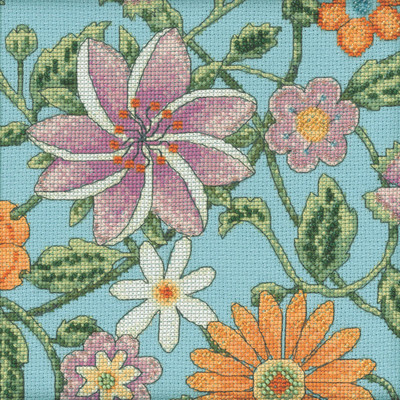 Stitched area of Floral Blue Two 2 Cross Stitch Kit Mill Hill 2022 Debbie Mumm Floral Fantasy