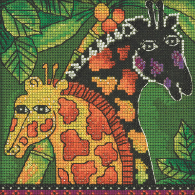 Stitched area of Giraffe Cross Stitch Kit Mill Hill 2022 Laurel Burch Amazonia LB142211