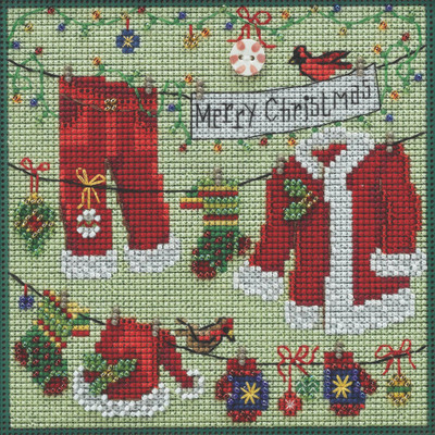 Stitched area of Santa's Clothesline Cross Stitch Kit Mill Hill 2022 Buttons Beads Winter MH142232