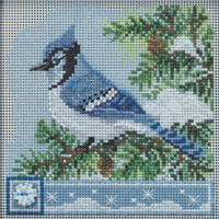 Stitched area of Blue Jay Cross Stitch Kit Mill Hill 2022 Buttons Beads Winter MH142233
