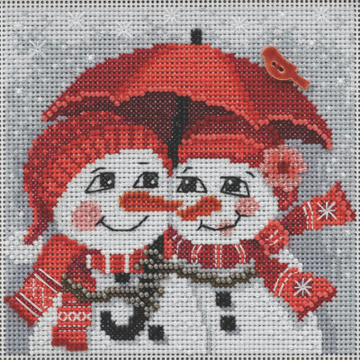 Stitched area of Snow in Love Cross Stitch Kit Mill Hill 2022 Buttons Beads Winter MH142235