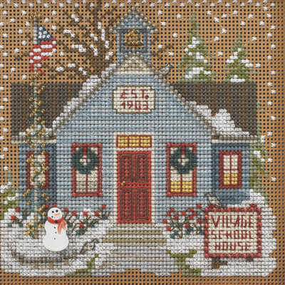 Stitched area of School House Cross Stitch Kit Mill Hill 2022 Buttons Beads Winter MH142236