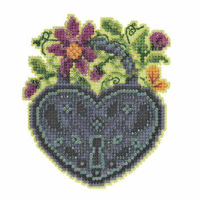 Stitched area of Spring Lock Cross Stitch Ornament Kit Mill Hill 2022 Antique Locks Trilogy MH192211