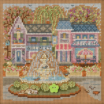 Stitched area of Town Square Cross Stitch Kit Mill Hill 2023 Buttons Beads Spring MH142315