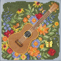 Stitched area of Festive Guitar Cross Stitch Kit Mill Hill 2023 Buttons Beads Spring MH142316