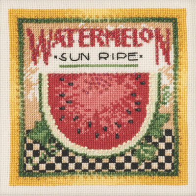 Stitched area of Watermelon Cross Stitch Kit Mill Hill 2023 Debbie Mumm Market Fresh