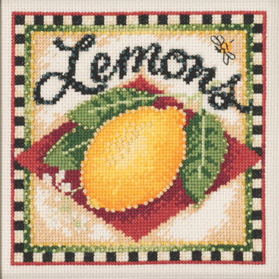 Stitched area of Lemons Cross Stitch Kit Mill Hill 2023 Debbie Mumm Market Fresh