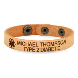 Personalized Quality Genuine Light Brown Leather Medical ID Bracelet- Free Engraving 