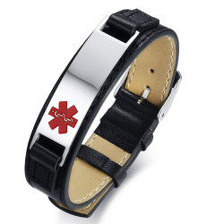 Quality  Medical ID  Leather Bracelet with Stainless Steel Plate 