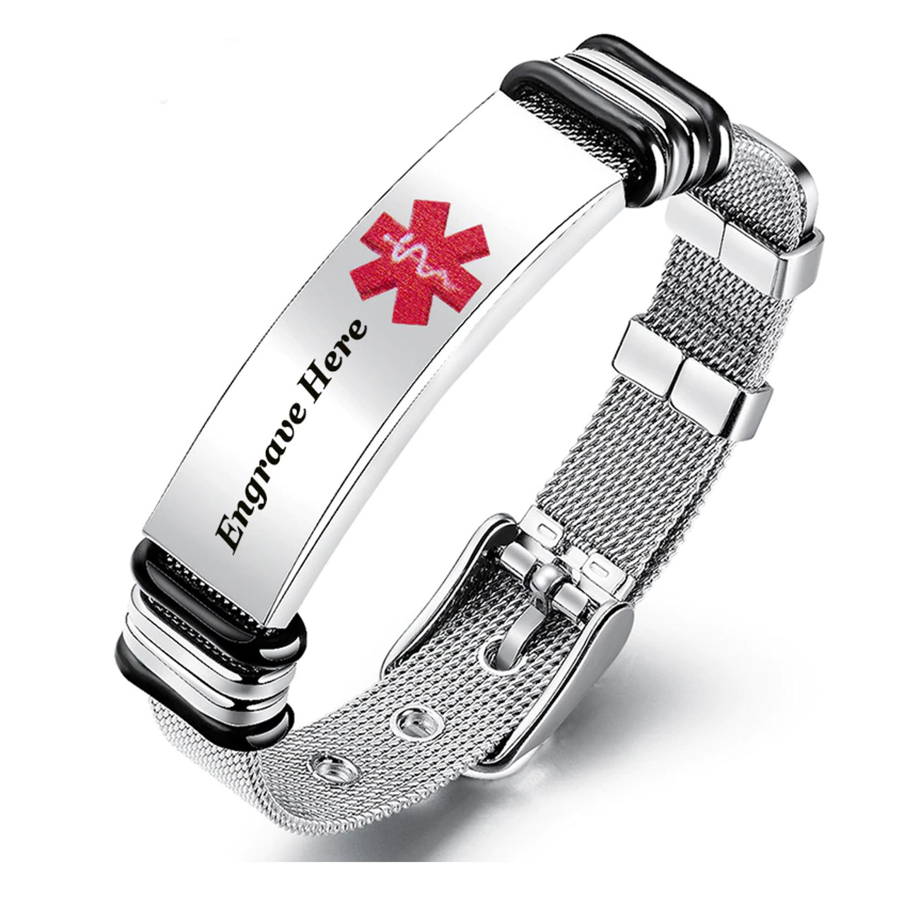 IDtagged Adjustable Nylon Medical Alert ID Bracelet Polished Stainless Steel Tag 
